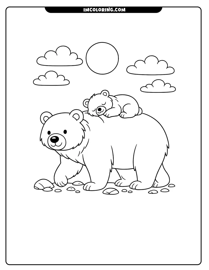 Mother bear carrying sleeping cub under full moon coloring page for preschoolers