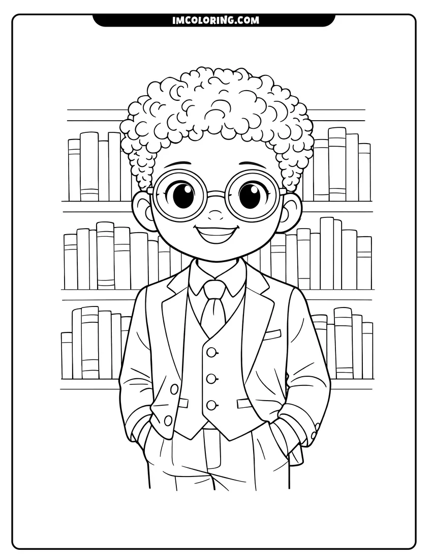 Printable outline of Black boy with glasses standing in a library