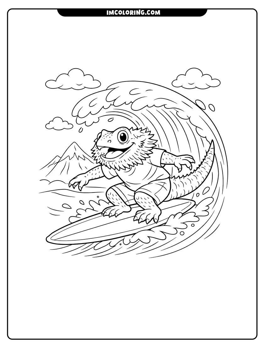 Detailed Bearded dragon surfing on a large cresting wave design for coloring