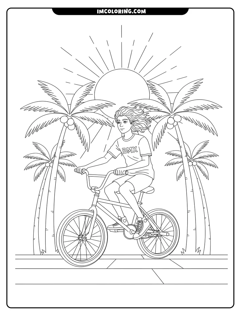 Downloadable coloring page of Teenager riding a BMX bike on a sunny tropical boardwalk