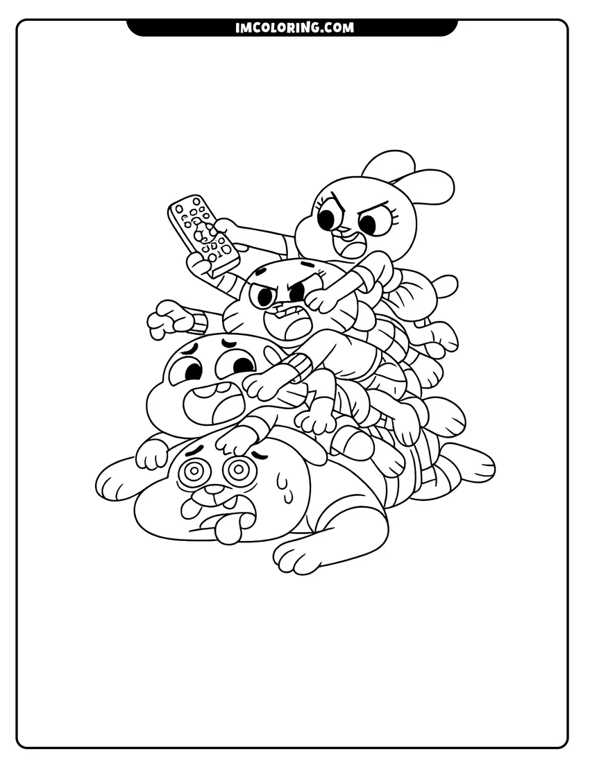 Easy-to-color Watterson family fighting over a remote control illustration