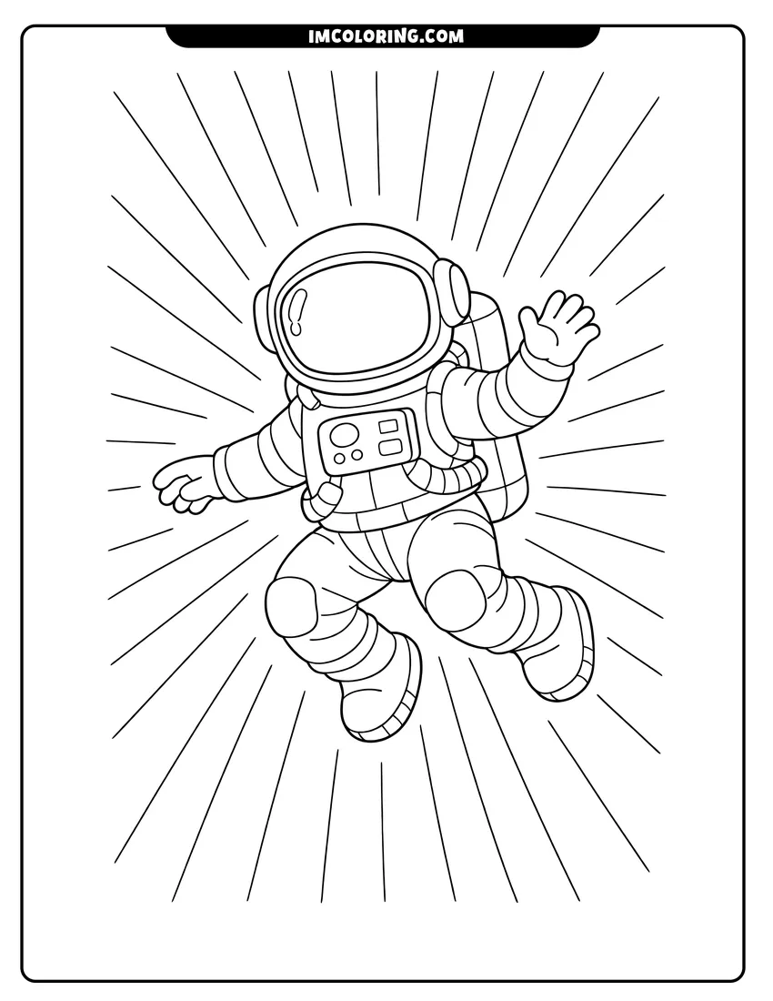 Astronaut floating against a radiating starburst background coloring page for preschoolers