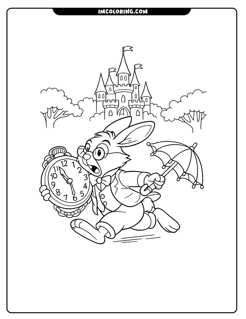 Simple line drawing of White Rabbit running with a clock and umbrella