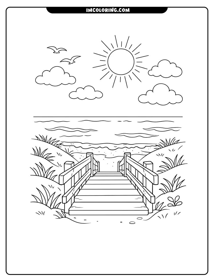 Wooden staircase leading down to the ocean beach coloring page for preschoolers