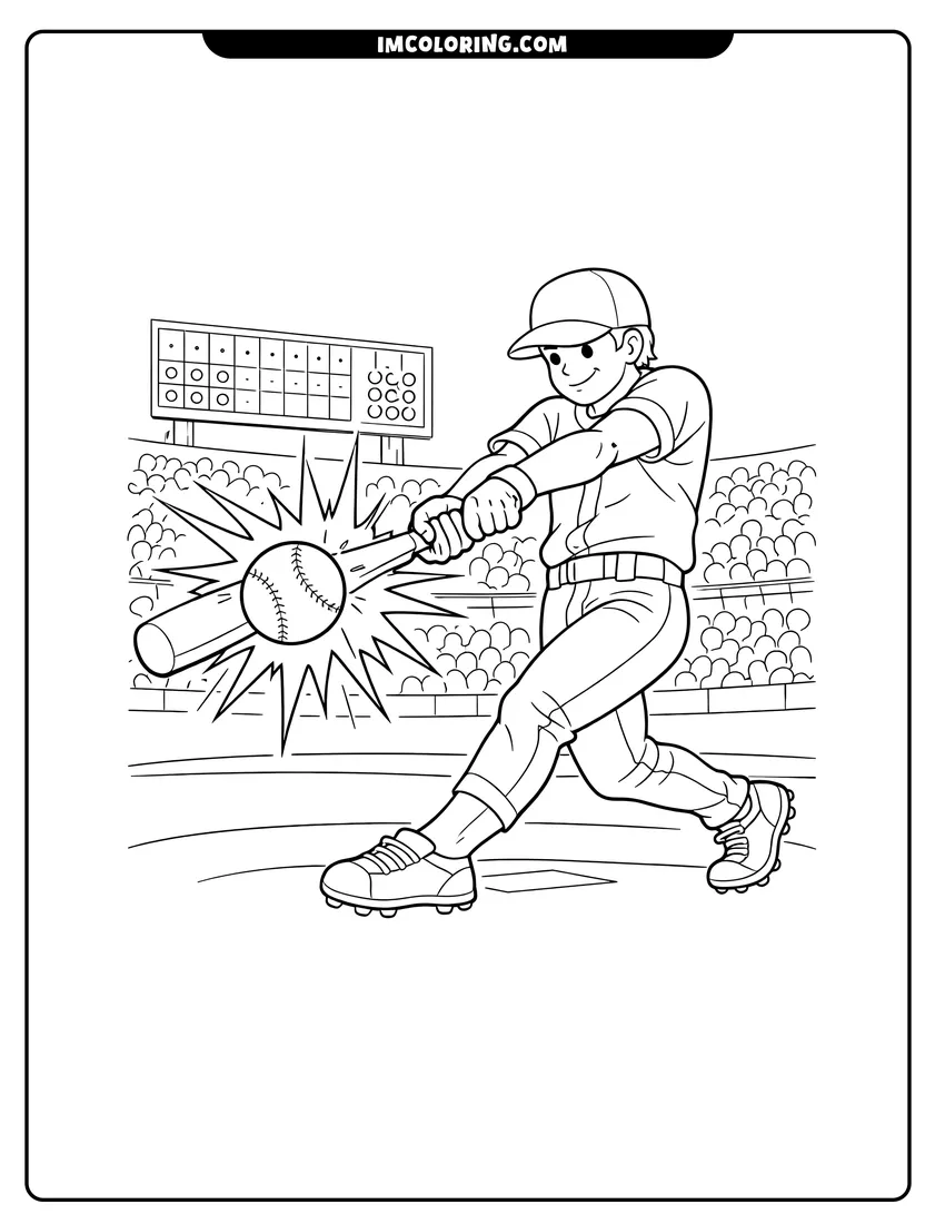 Cute Baseball player hitting a ball with comic effect outline for coloring