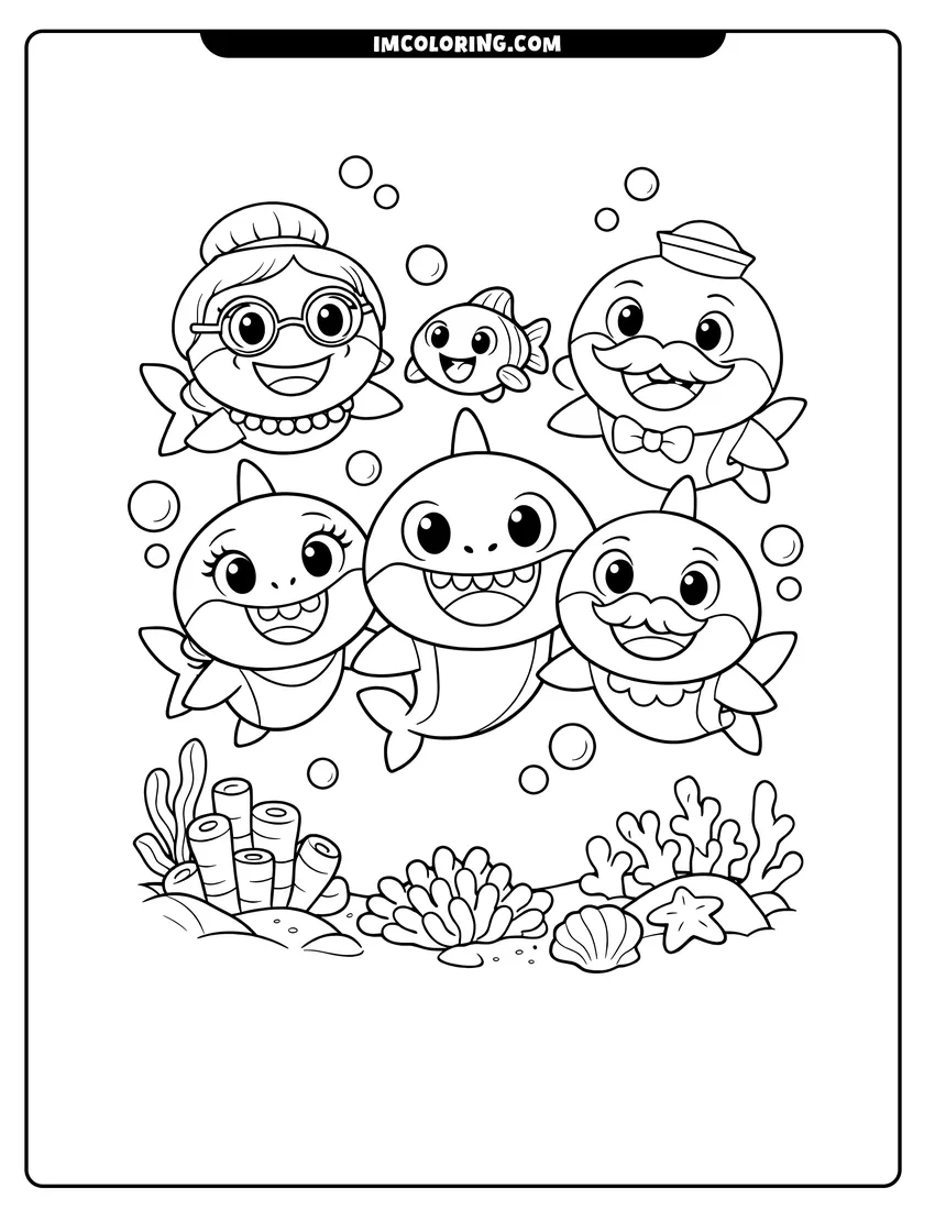 Coloring sheet of Baby Shark family and William swimming over coral for kids