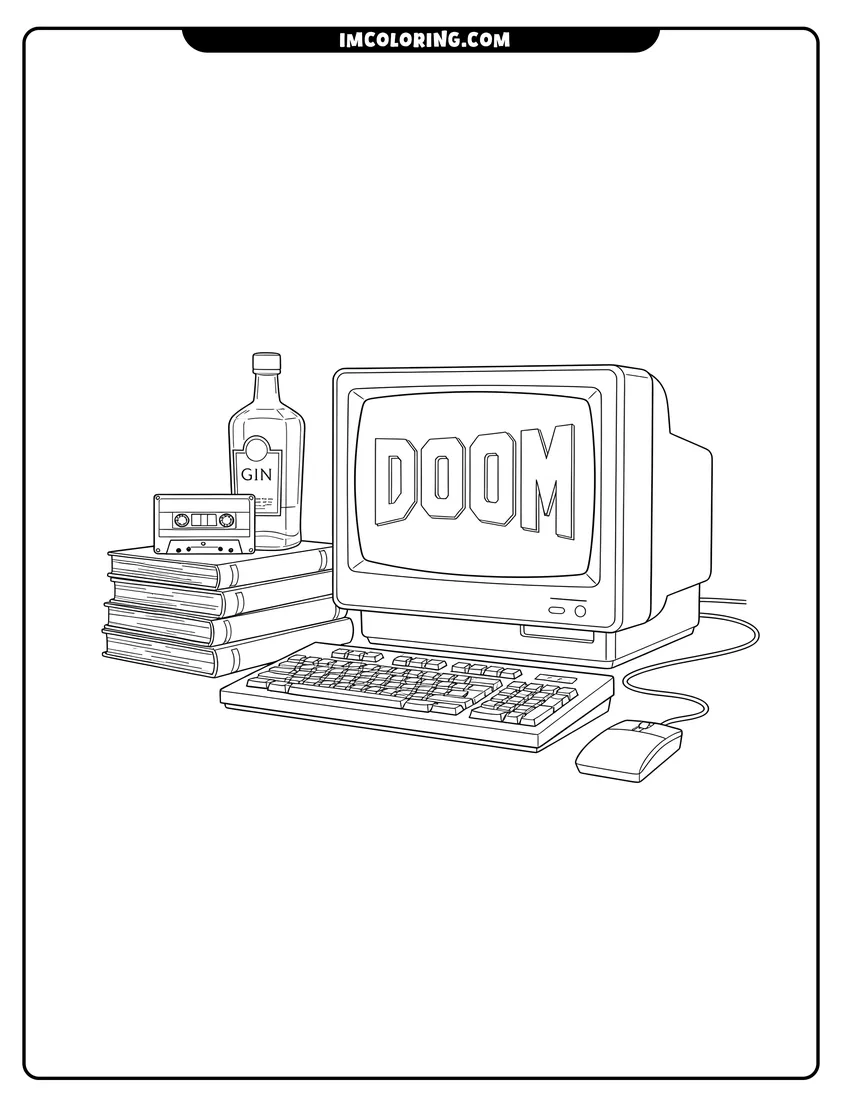 Doodle style coloring picture of Vintage computer with CRT monitor keyboard and cassette tape