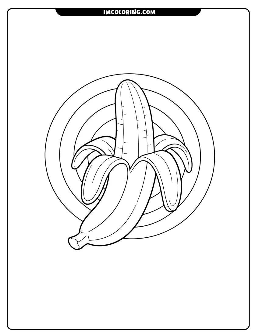 Black and white Simple peeled banana against a background of circles coloring sheet