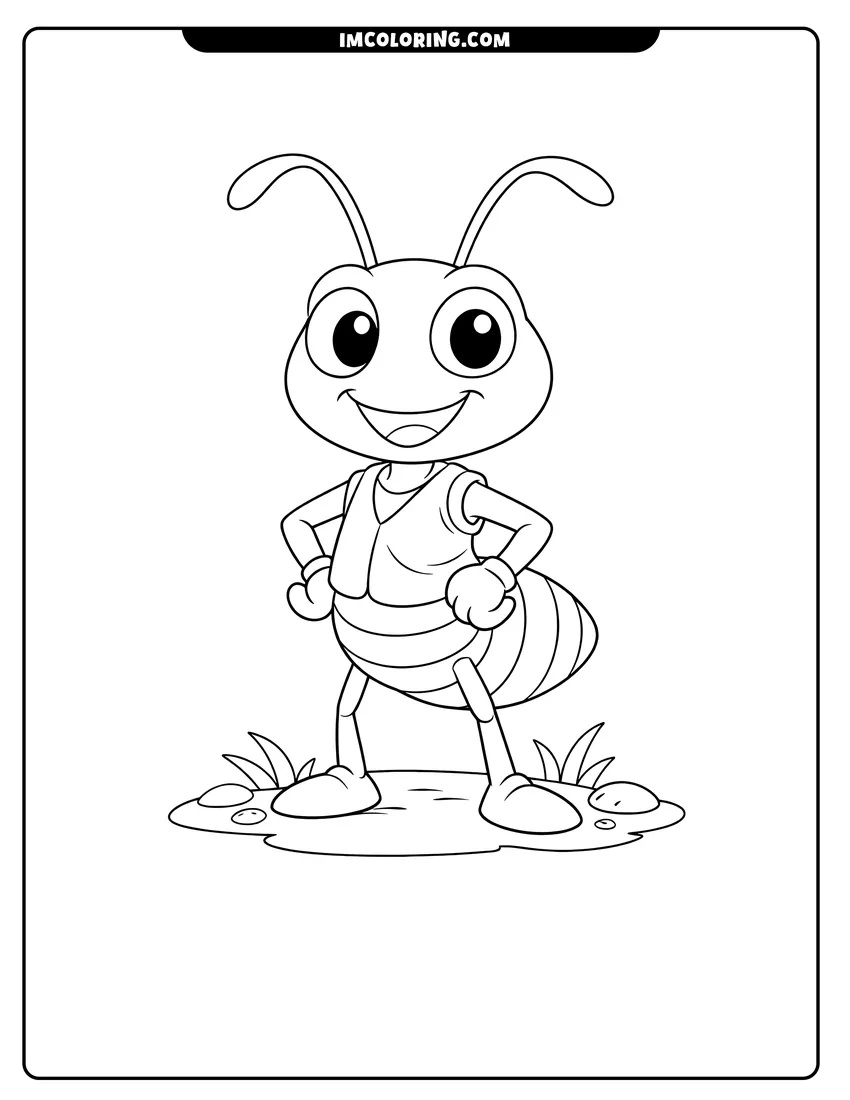Kawaii style Smiling cartoon ant standing with hands on hips coloring picture