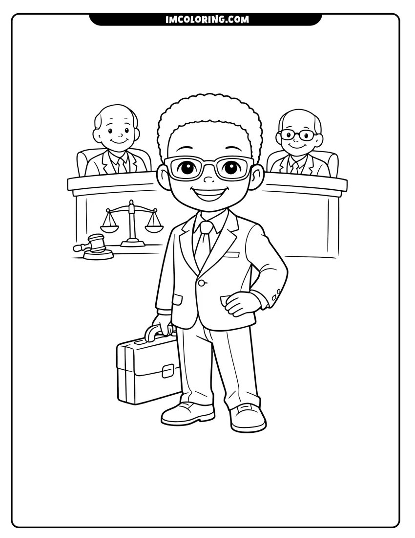 Line art depicting Black boy in a suit standing in a courtroom