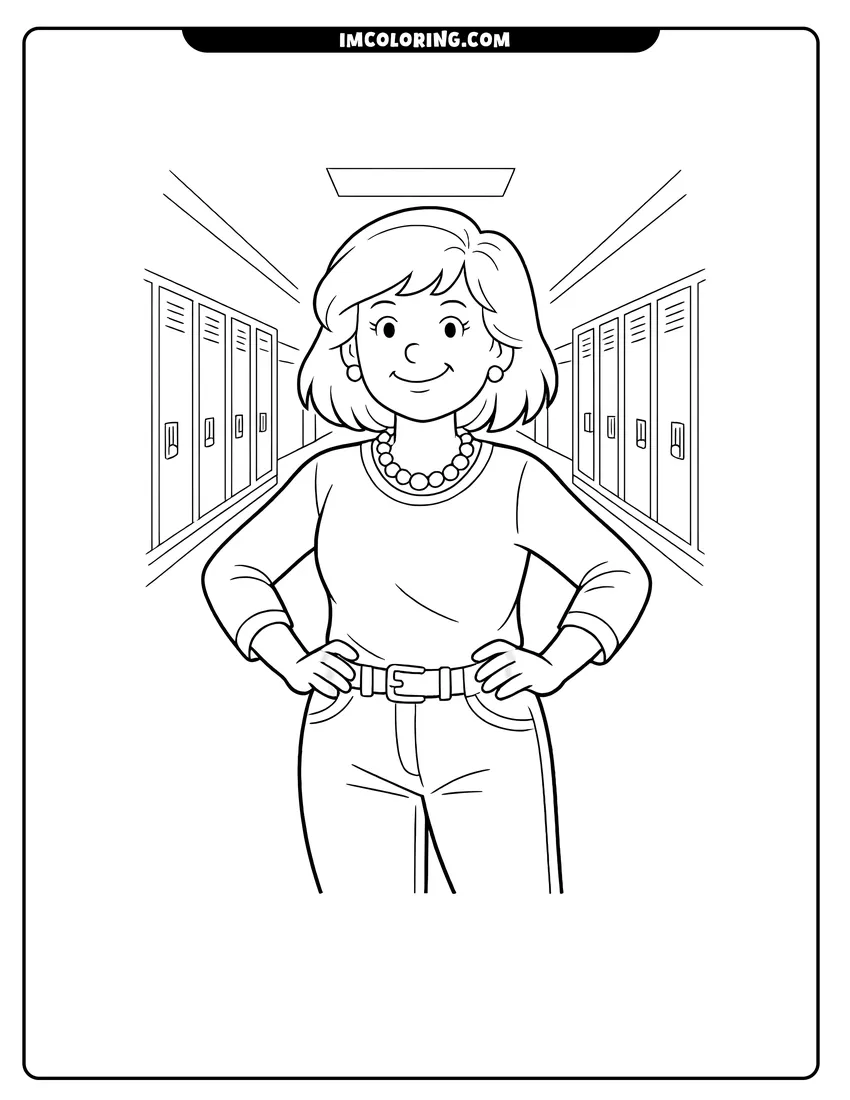 Illustration of Peggy Watterson standing in a school locker corridor ready for painting
