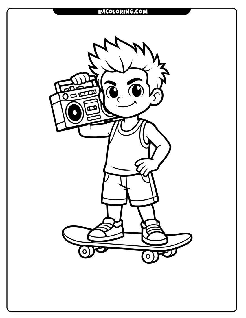 Black and white 80S skater boy with boombox at park coloring sheet