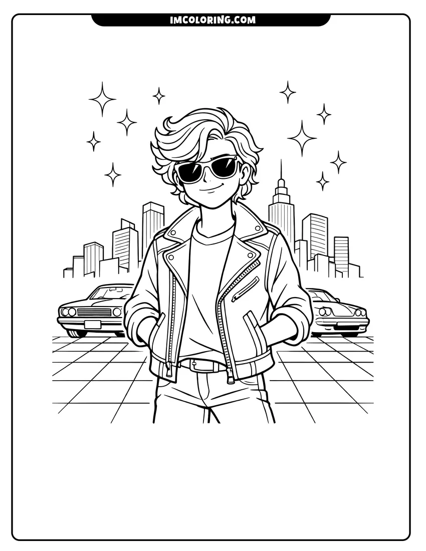 Outline of 80S teen in leather jacket with city skyline on a white background