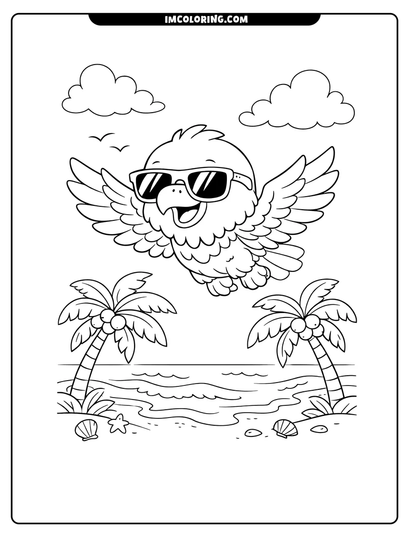 Outline of Baby bald eagle wearing sunglasses flying over a beach on a white background