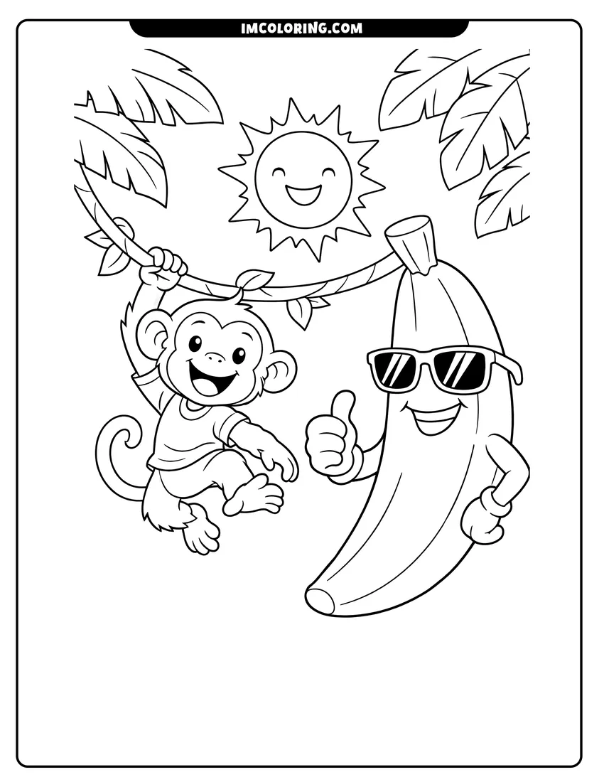 Detailed Monkey on a vine next to a banana with sunglasses design for coloring
