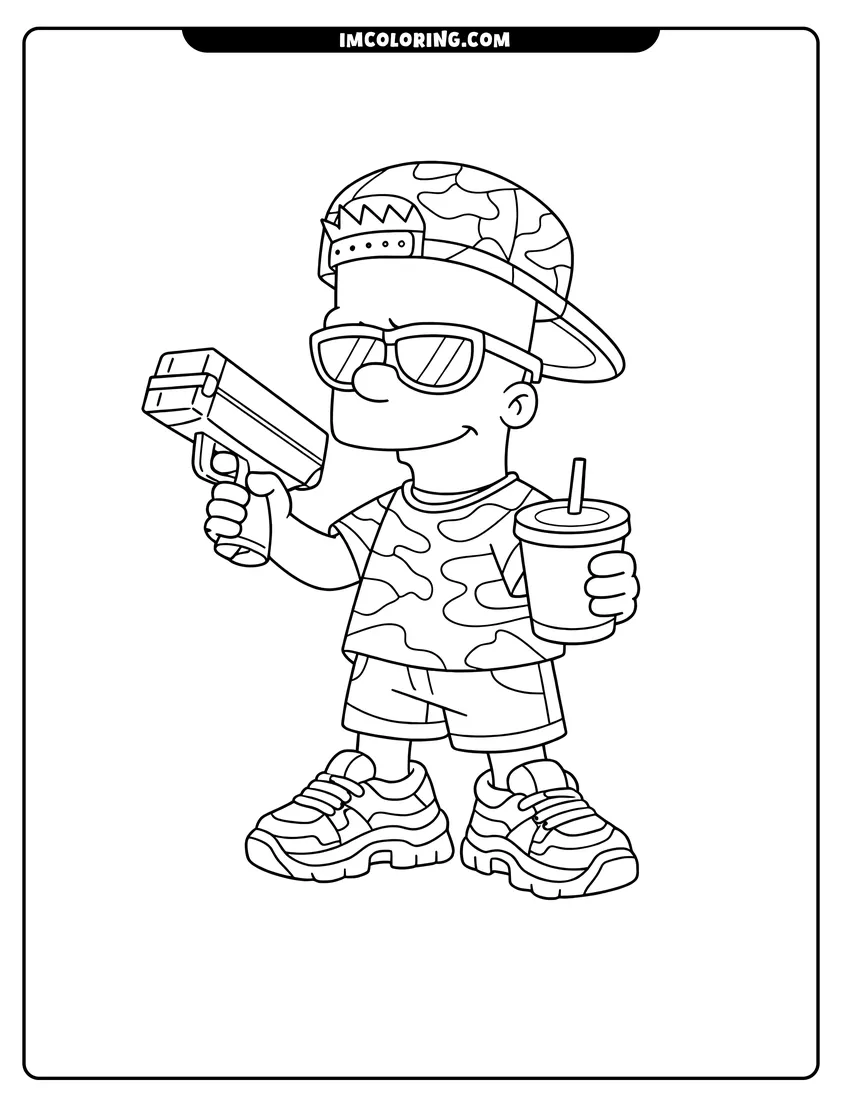Line art depicting Cool Bart Simpson with a cap and money gun