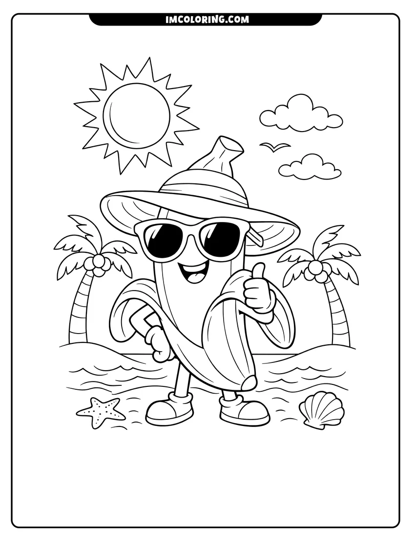 Simple sketch of Banana character wearing sunglasses and a sun hat for children