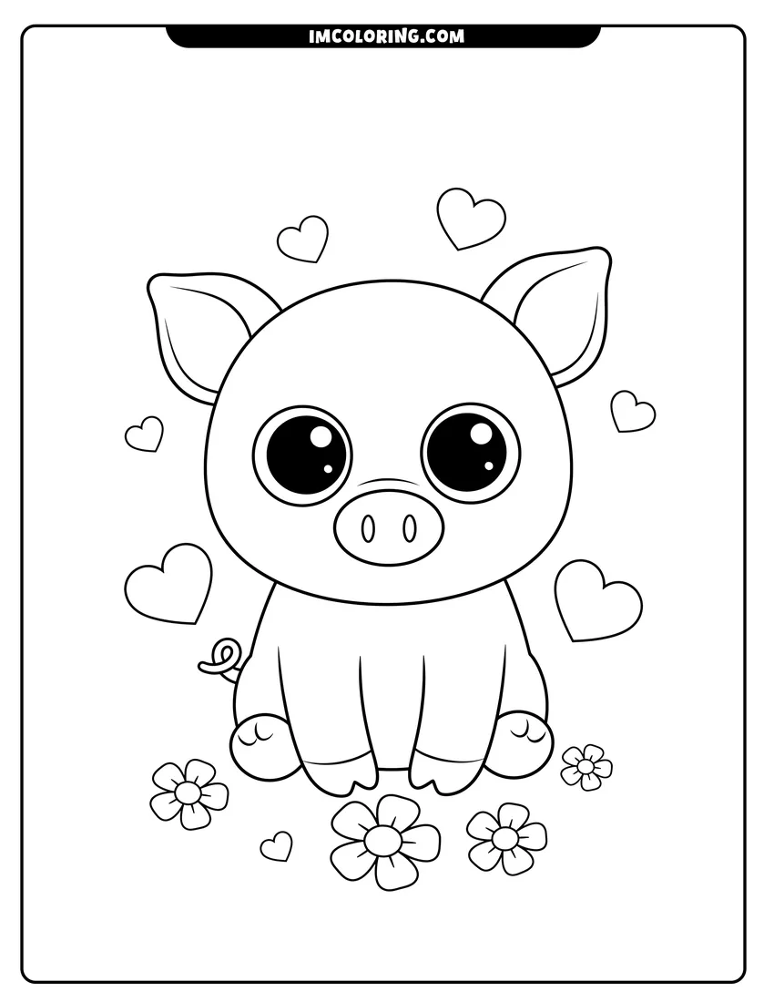 Easy-to-color Beanie Boo pig surrounded by floating hearts illustration