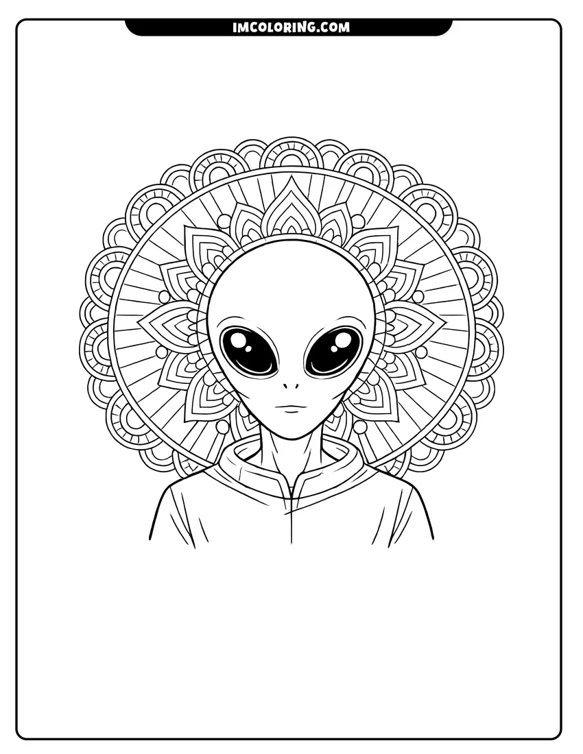 Outline of Grey alien centered in a detailed geometric sunbeam mandala on a white background