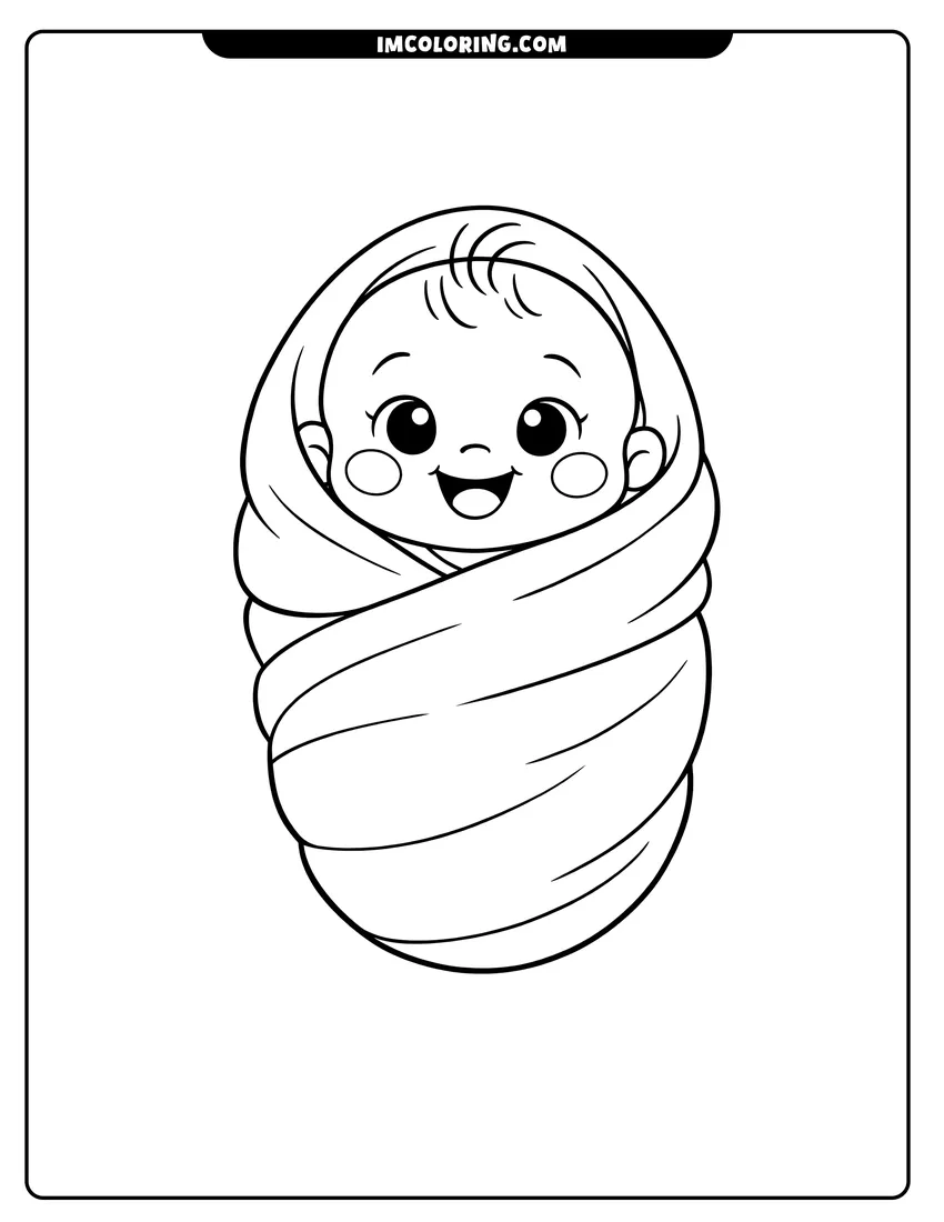 Simple line drawing of Happy baby swaddled snugly in a thick blanket