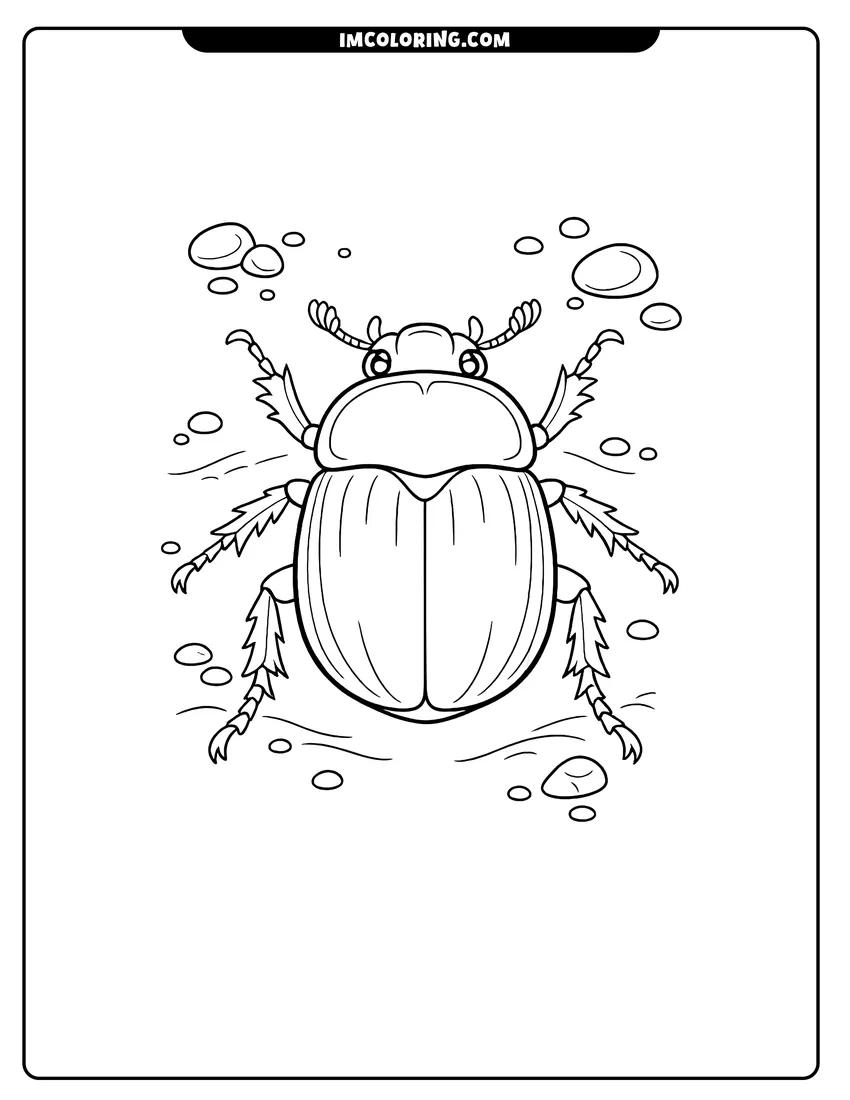 Detailed Green scarab beetle crawling on sandy ground with pebbles design for coloring