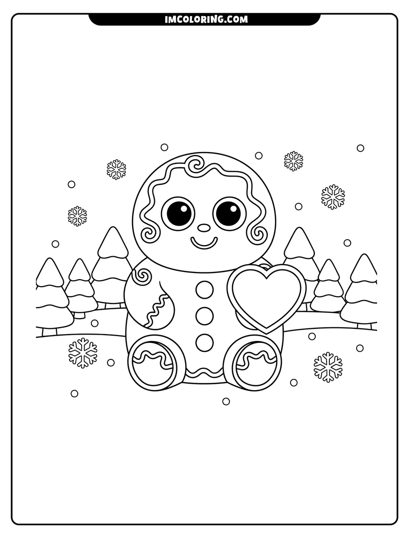 Kawaii style Gingerbread man Beanie Boo in the snow coloring picture