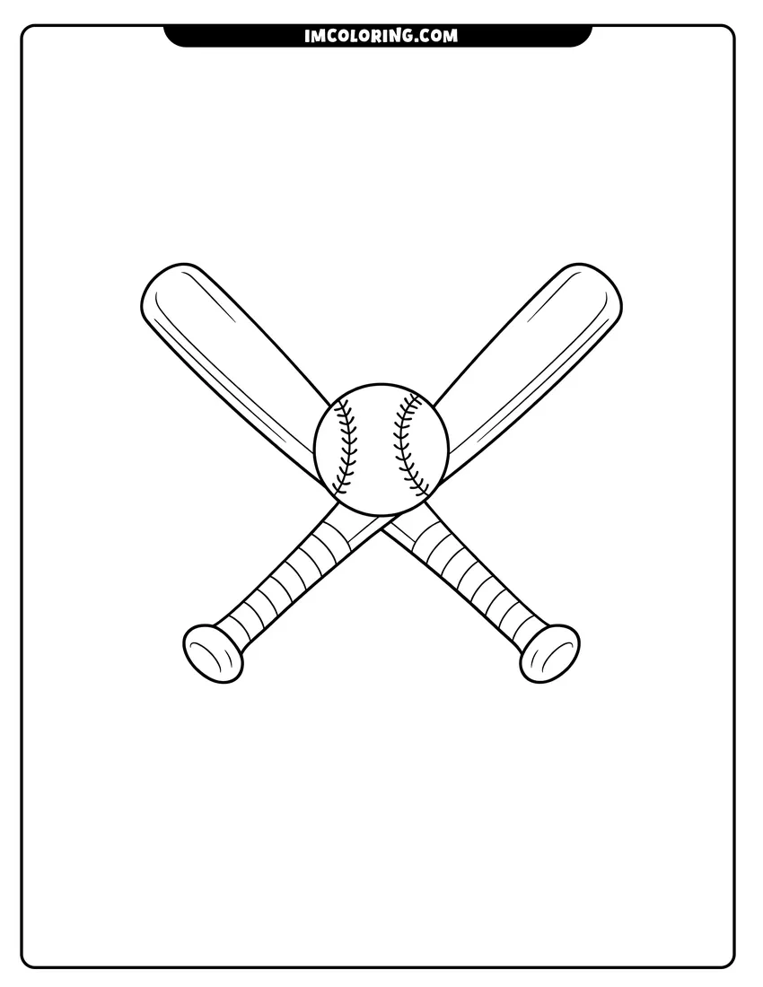 Detailed Two crossed baseball bats and a ball design for coloring