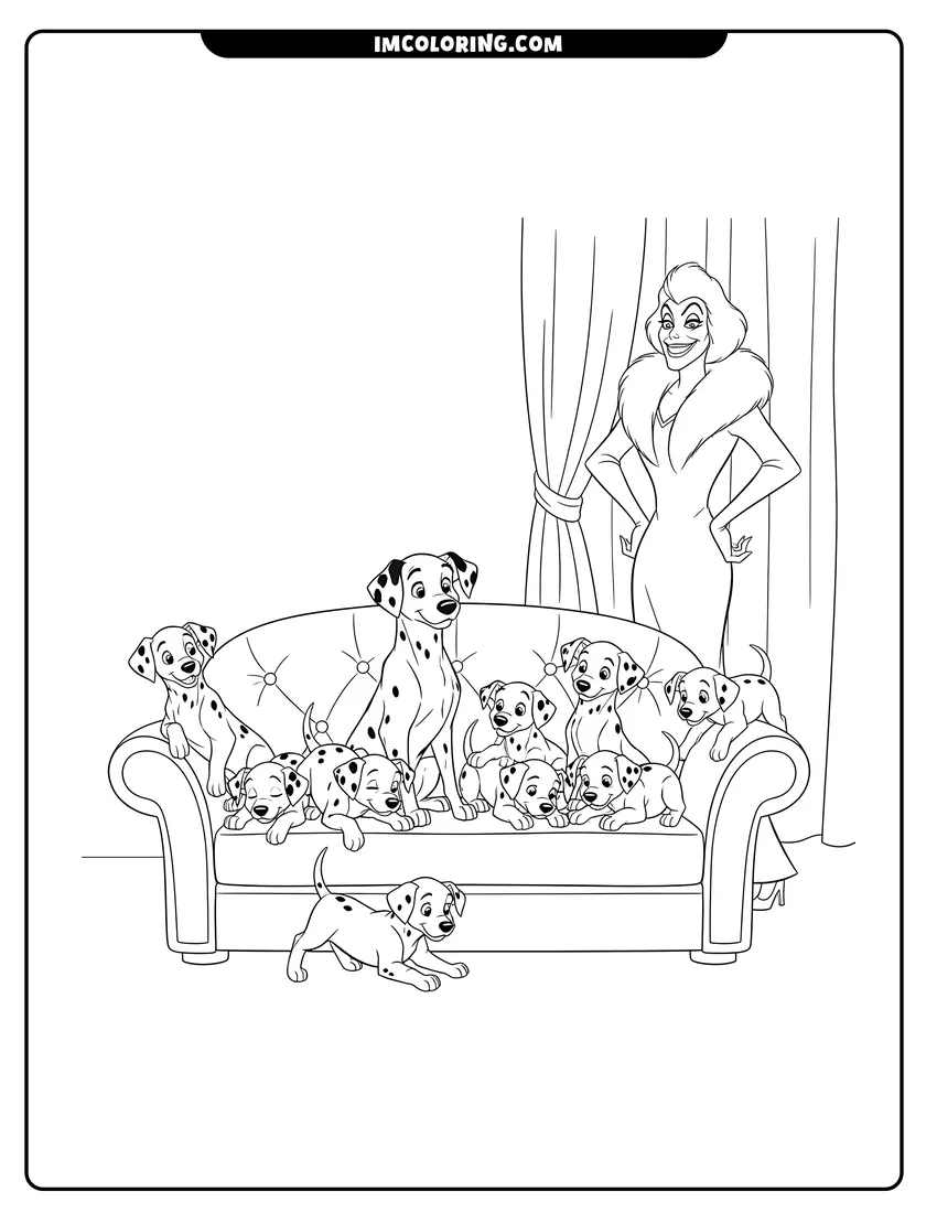 Black and white Cruella de Vil looming over the Dalmatian family coloring sheet
