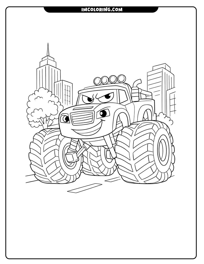Printable outline of Crusher the monster truck driving in the city