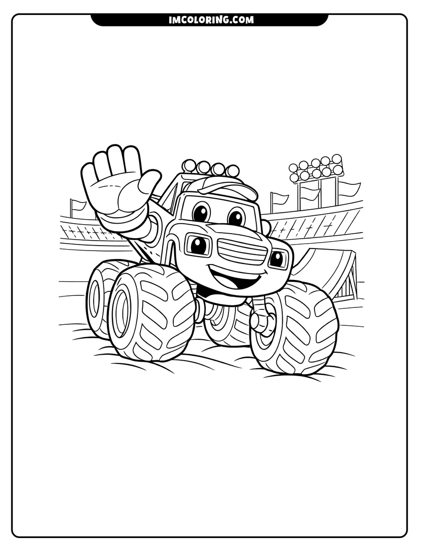Printable coloring page featuring Crusher the monster truck giving a high five
