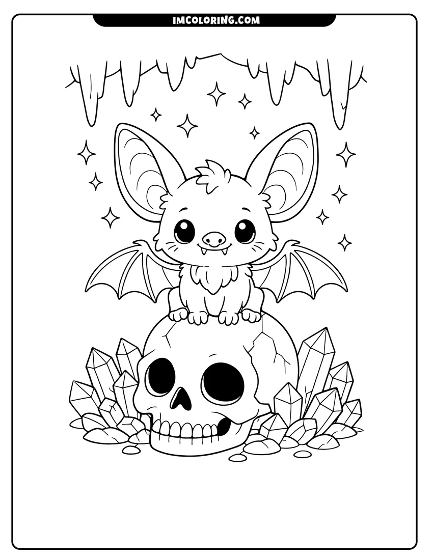 Printable coloring page featuring Bat perched on a skull inside a crystal cave