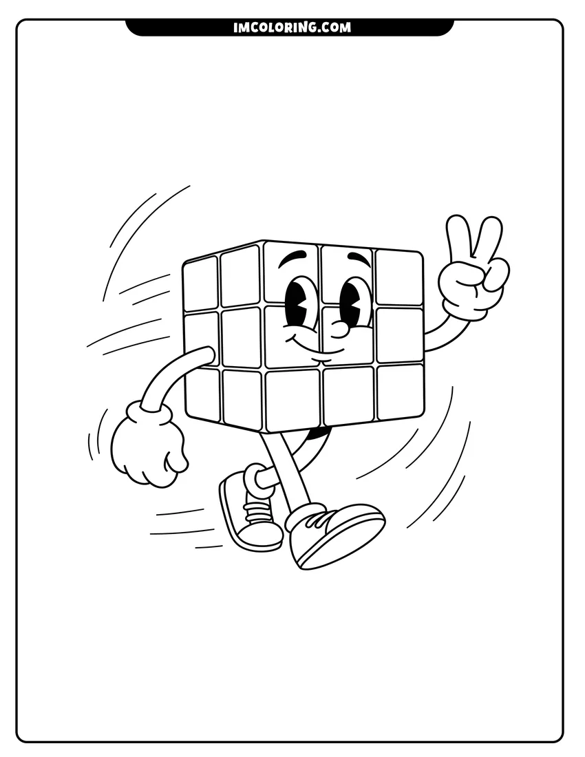 Black and white line art of A cheerful walking Rubik's cube character flashing a peace sign