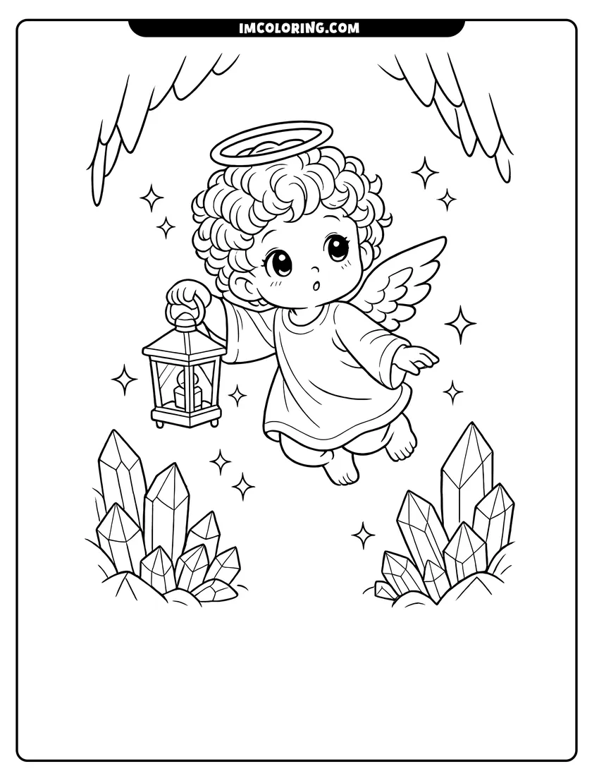 Line art depicting Baby angel exploring a crystal cave with a lantern