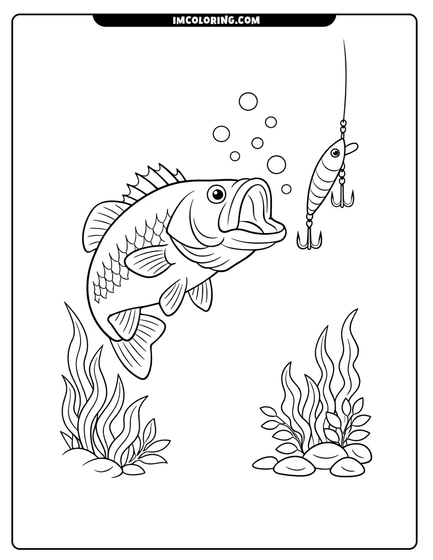 Illustration of Bass swimming towards a fishing lure underwater ready for painting