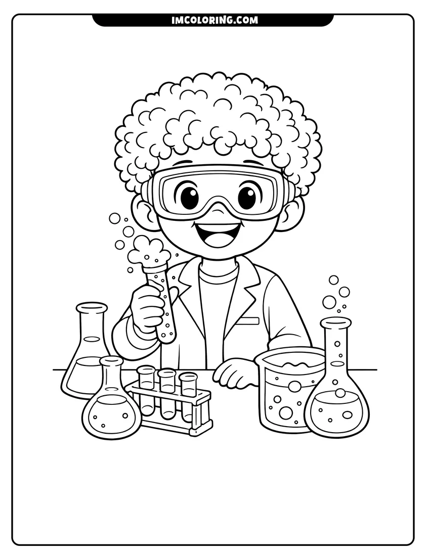Black boy scientist doing a lab experiment drawing meant for coloring