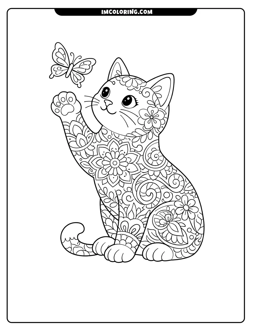 Cute Curious cat with floral patterns reaching for a butterfly outline for coloring