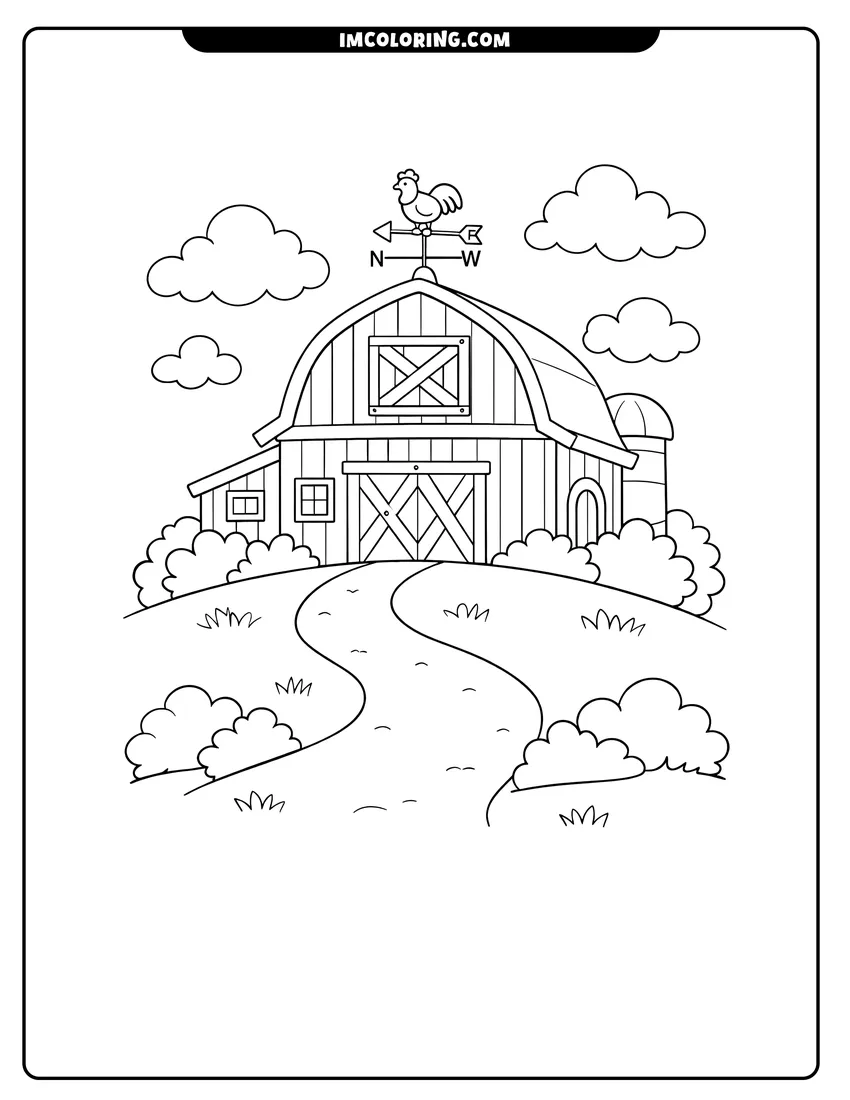 Barn with a curved roof and weather vane coloring page for preschoolers