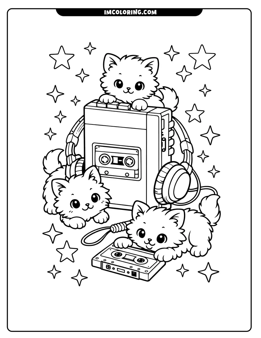 Outline of Three kittens playing with 80S Walkman on a white background