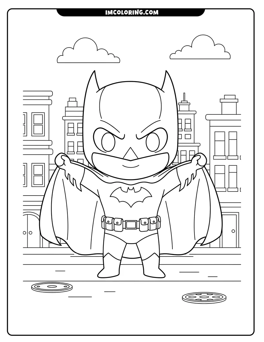 Simple line drawing of Cute baby Batman holding his cape open on a street