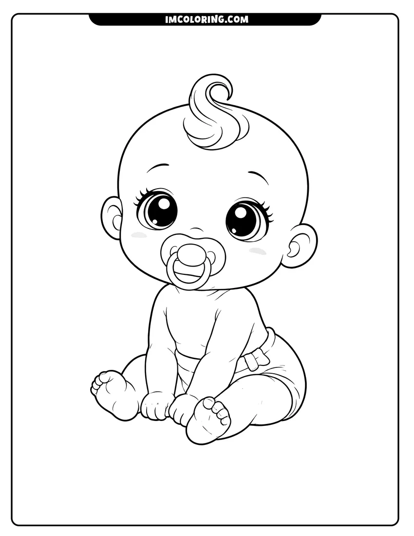 Detailed Baby in a diaper sucking on a pacifier design for coloring
