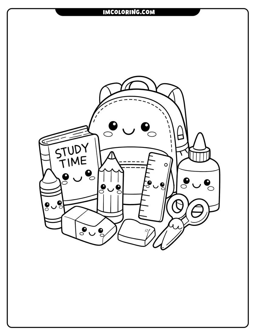 Outline of Kawaii school supplies with happy faces on a white background