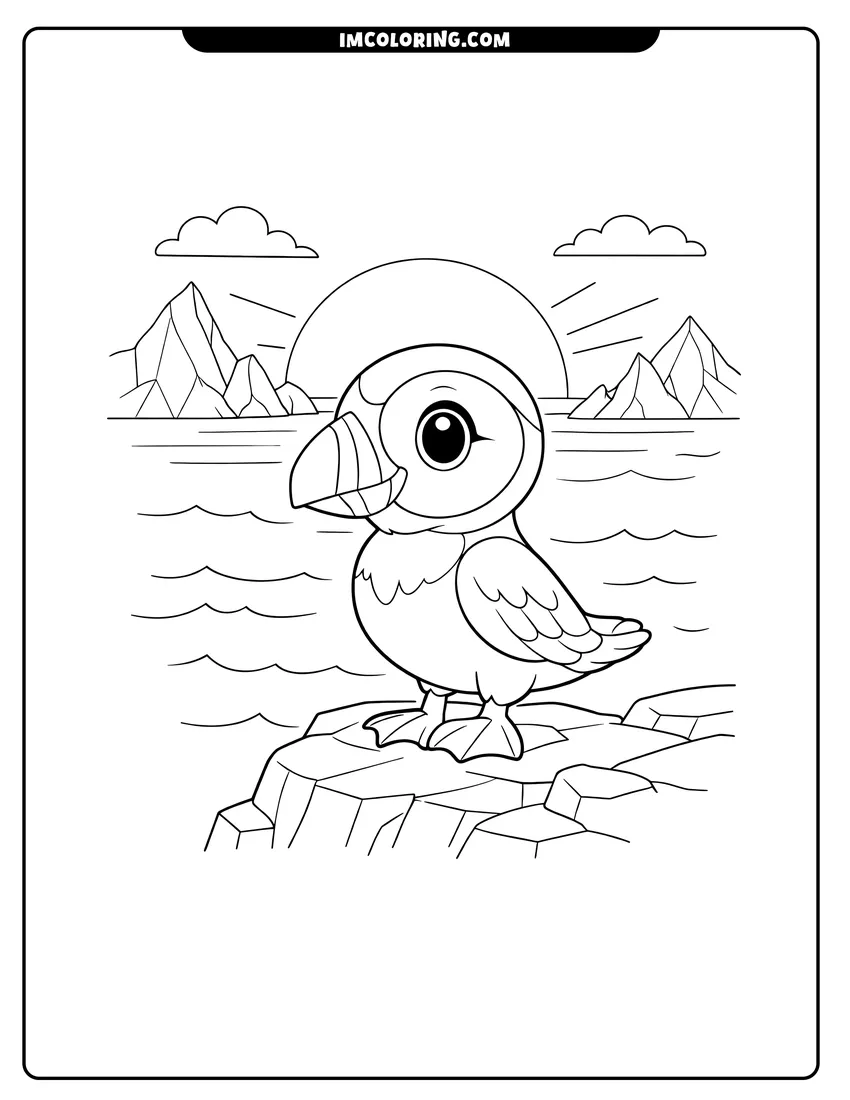 Cute Cartoon puffin standing on a cliff at sunset outline for coloring