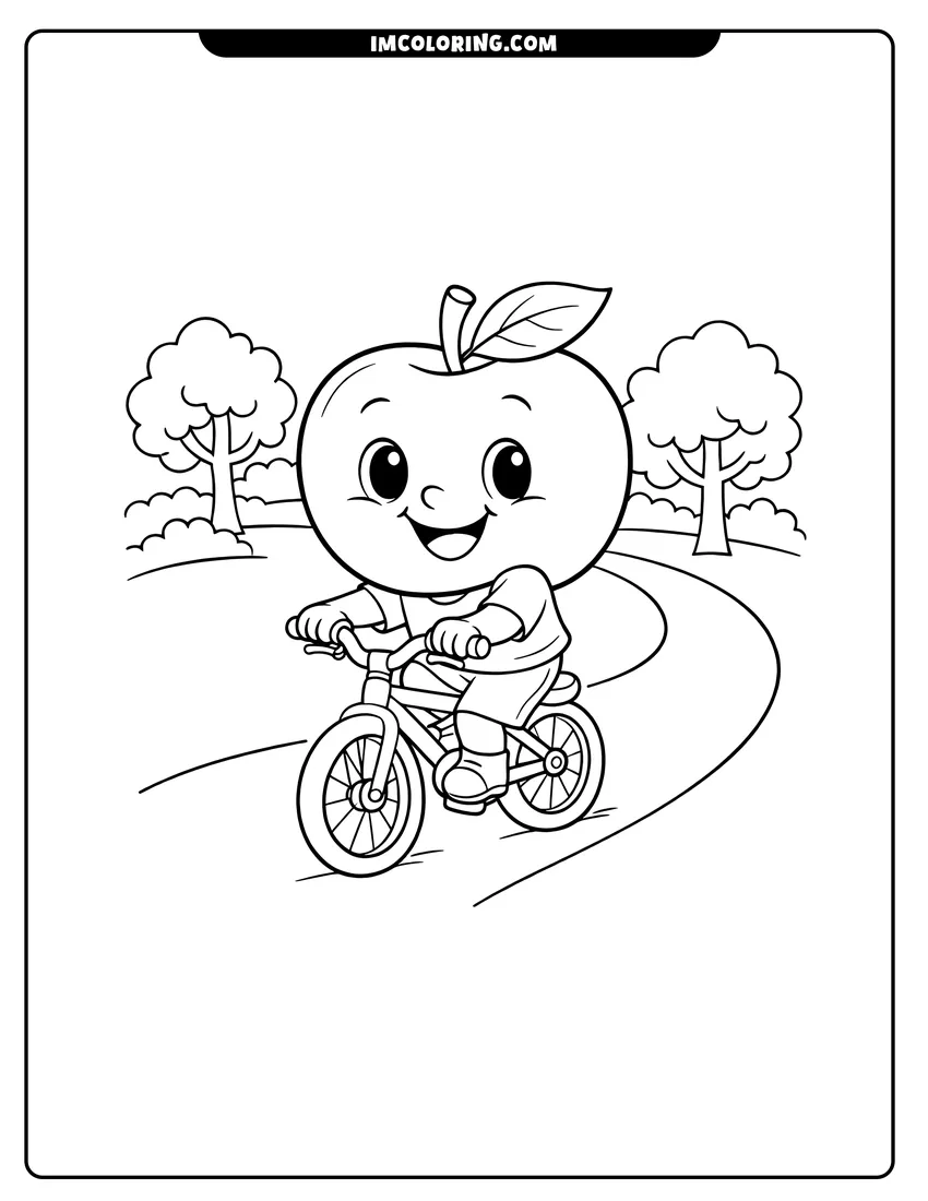 Apple character on a bicycle drawing meant for coloring