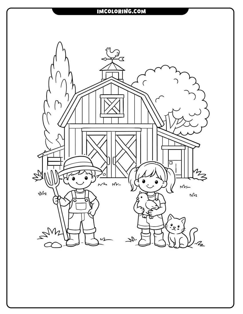 Line art depicting Barn with cross-braced doors and a cypress tree