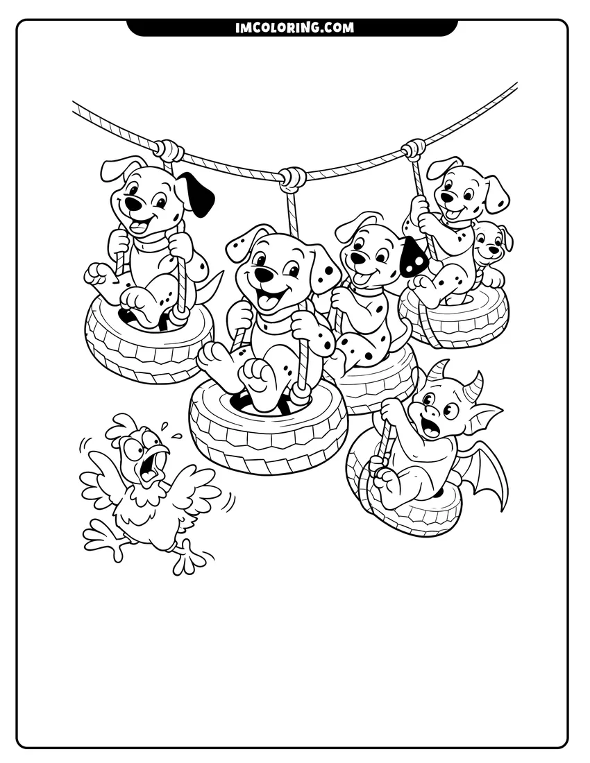 Kawaii style Dalmatian puppies riding a tire swing zipline coloring picture