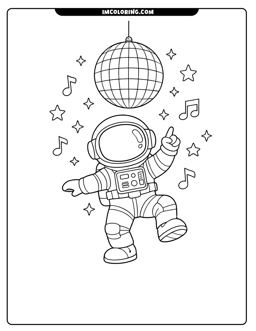 Printable Astronaut dancing under a disco ball in space coloring activity