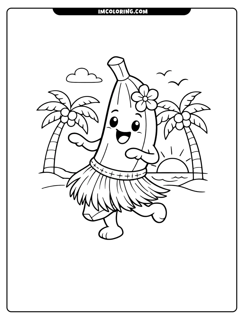 Easy-to-color Banana character wearing a hula skirt and flower illustration