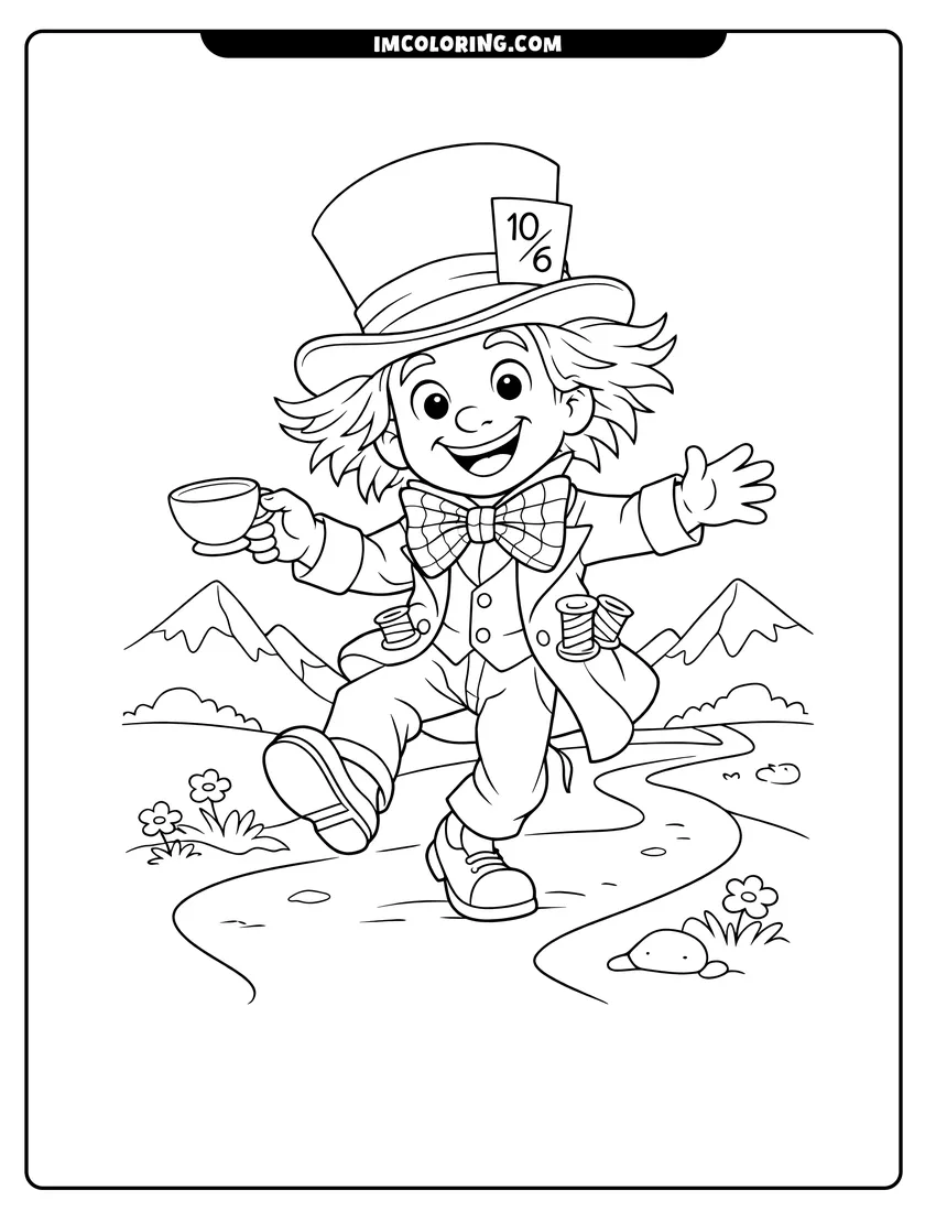 Simple sketch of Mad Hatter dancing on a winding mountain path for children