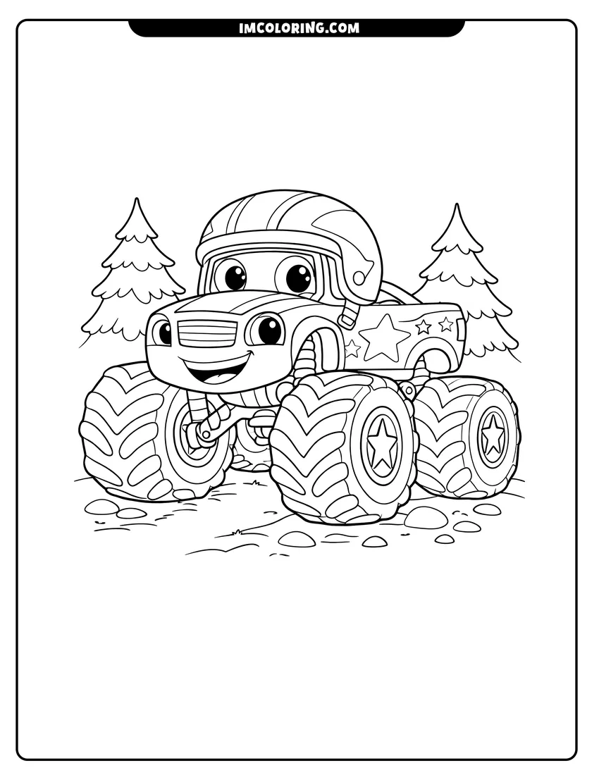 Kawaii style Darington the monster machine wearing a stunt helmet coloring picture