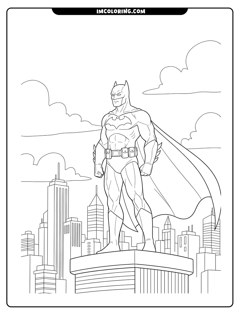 Illustration of Dark Knight Batman looking out over Gotham City ready for painting